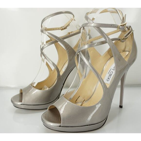 Jimmy Choo Beige Metallic Patent Atlas Strappy Platform Sandals - Picture 8 of 10